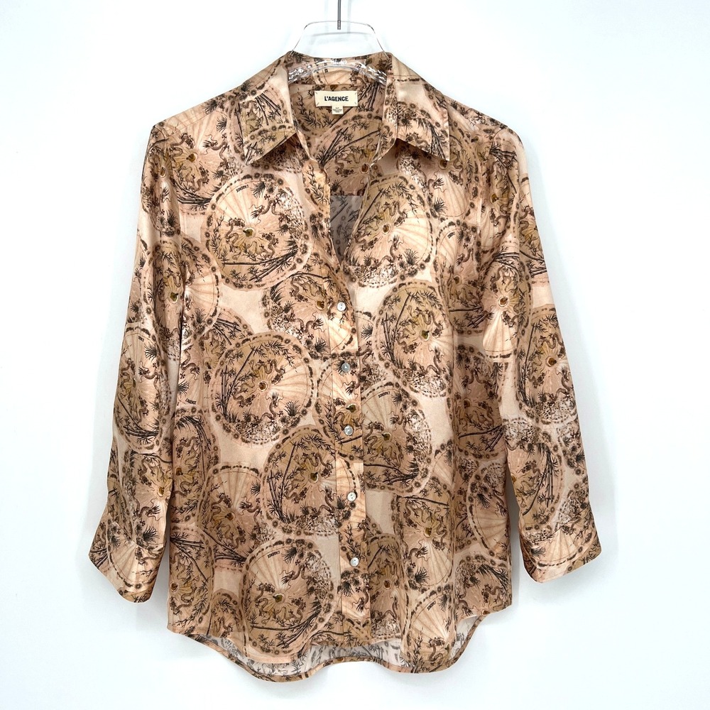 L'Agence Dani Silk Top Blouse Womens S Dragon Asian Floral Parasol Retro Preppy